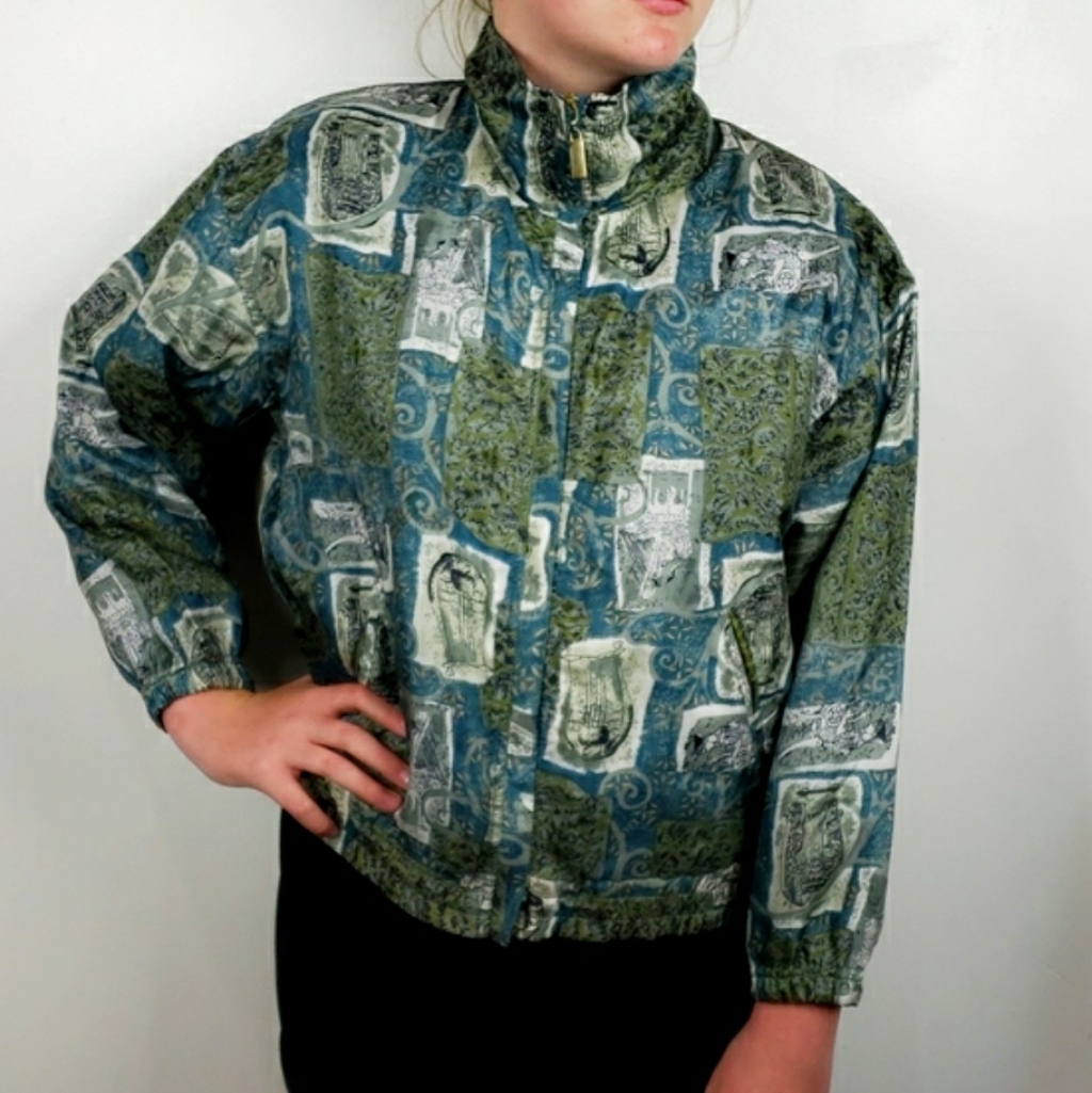 Vintage Evr Green  Blue Silk Strings Instrument Scroll Pattern Bomber Jacket Ps